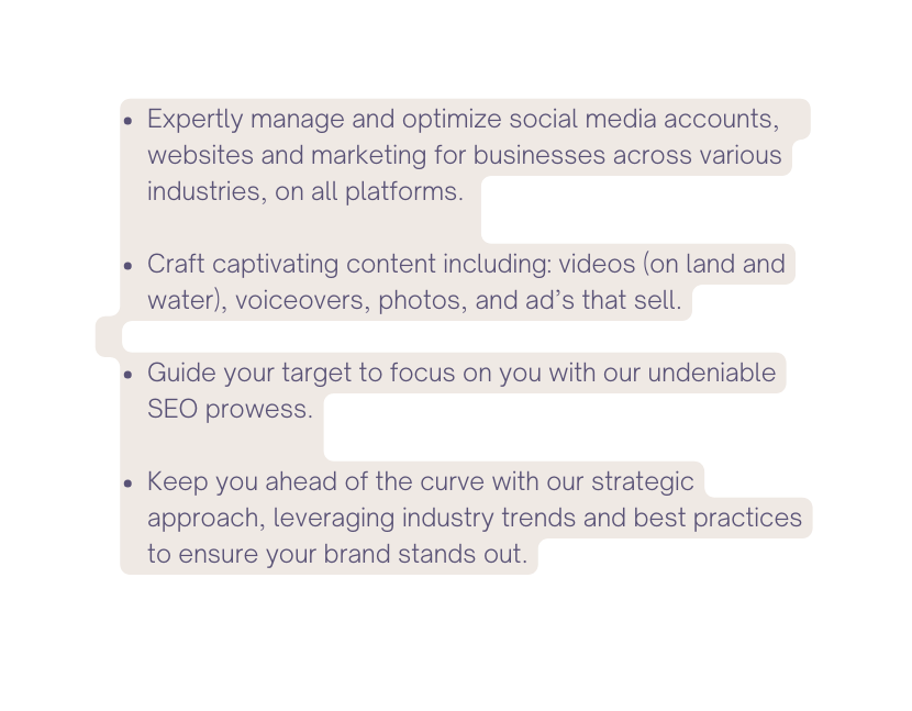 Expertly manage and optimize social media accounts websites and marketing for businesses across various industries on all platforms Craft captivating content including videos on land and water voiceovers photos and ad s that sell Guide your target to focus on you with our undeniable SEO prowess Keep you ahead of the curve with our strategic approach leveraging industry trends and best practices to ensure your brand stands out